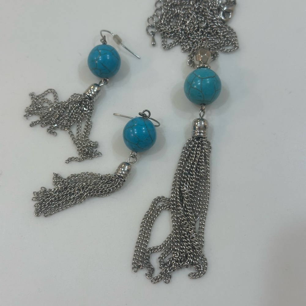 Turquoise & Silver Tassel Jewelry Set - Necklace & Earrings - Picture 5 of 12